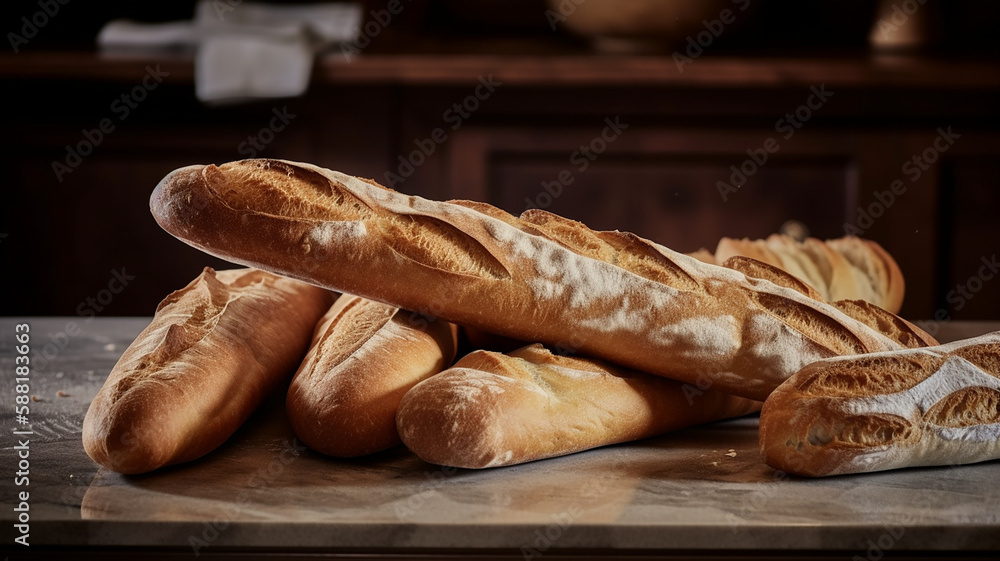 Food photography,  Bakery on the table. French baguette. wallpaper background.