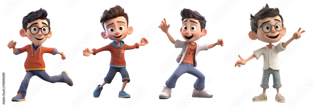 Group of 3D cartoon character cute student kids boy dancing, isolated on white and transparent background, ai generate - obrazy, fototapety, plakaty 
