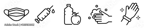 Conjunto de iconos de métodos de prevención de enfermedades. Mascarilla, vacunación, alimentación saludable, aseo persona, guantes de protección. Ilustración vectorial