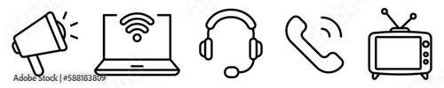 Conjunto de iconos de comunicación. Aparatos tecnológicos. Megáfono, ordenador, audífonos, teléfono, televisión. Ilustración vectorial