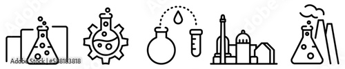 Conjunto de iconos de química. Ciencia. Industria química, laboratorio, estudio científico, experimentos. Ilustración vectorial