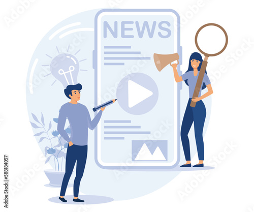 Online news mobile app, tiny people read live publication and articles in newspaper, holding magnifying glass and light bulb, flat vector modern illustration 