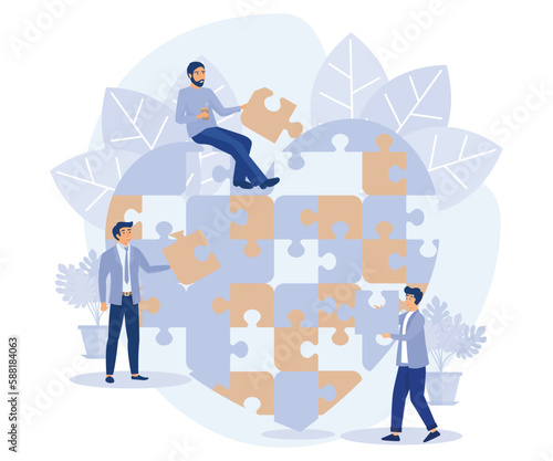 Charity project, non profit organization, volunteers fit puzzles into heart, cooperation of people donate help, flat vector modern illustration 
