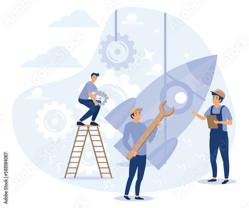 Rocket launch, teamwork of business people on new product startup,  start investment project or company, flat vector modern illustration 
