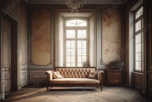 Illustration of an elegant living room with a luxurious couch and a sparkling chandelier. Generative AI