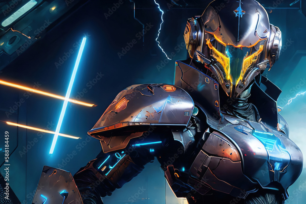 Sci-Fi Woman in Helmet and Intricate Armor High Tech Futuristic Neon Light Generative AI Illustration Sci-Fi Woman in Helmet and Intricate Armor High Tech Futuristic Neon Light Generative AI Illustration