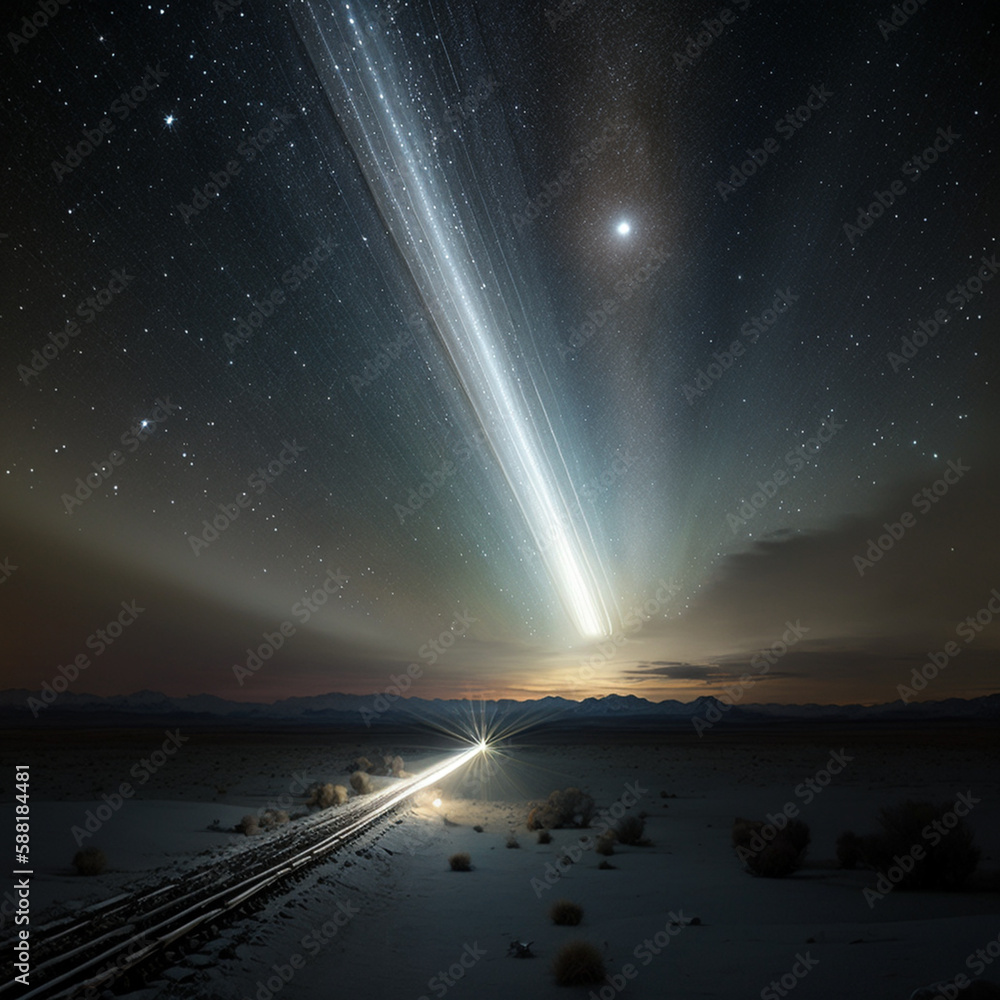 A train track with a light on it and a star in the sky, Aurora borealis in the night starry sky over