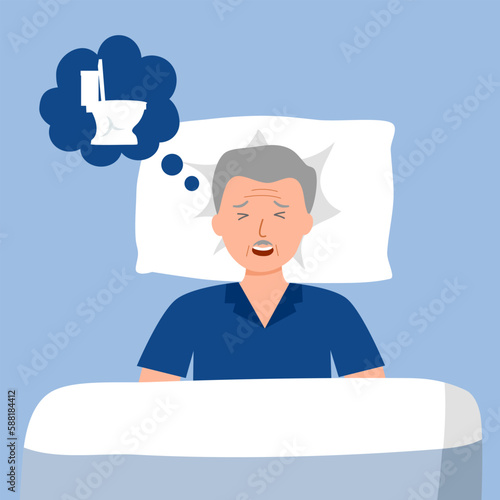 Senior man with urine pain at night in flat design.