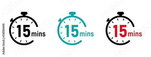 15 minutes timer, stopwatch or countdown vector icons