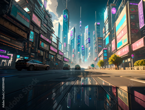 Cyberpunk City Street with Tall Skyscrapers and Vehicles Neon Lights Cloudy Blue Sky Generative AI illustration photo