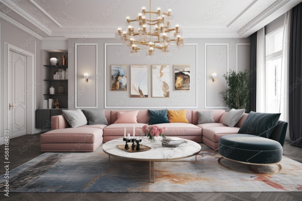classic living room with elegant furniture and a sparkling chandelier. Generative AI classic living room with elegant furniture and a sparkling chandelier. Generative AI