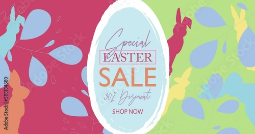 Easter Special Sale video with big egg and rabbits. Elegant Holiday discount offer design. photo