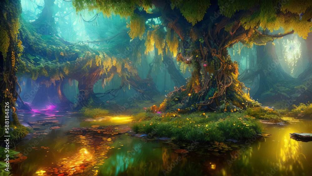 Mystical Jungle Massive Elder Tree With Water Vines Marsh Flowers Generative AI illustration