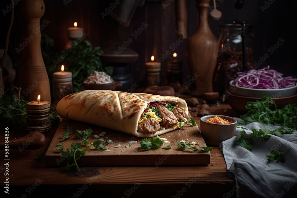 Board with tasty doner kebab on wooden table with beautiful kitchen ...