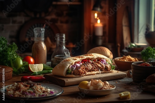 Board with tasty doner kebab on wooden table with beautiful kitchen background, generative AI tools. photo