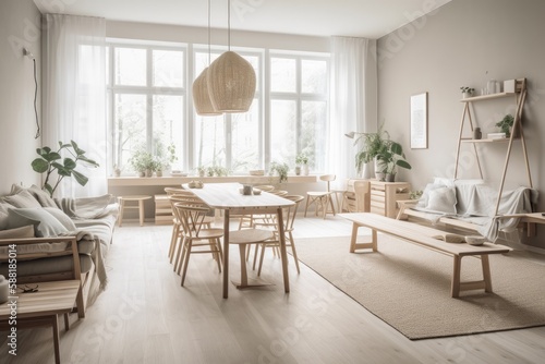 cozy living room with natural light streaming through a large window. Generative AI © AkuAku