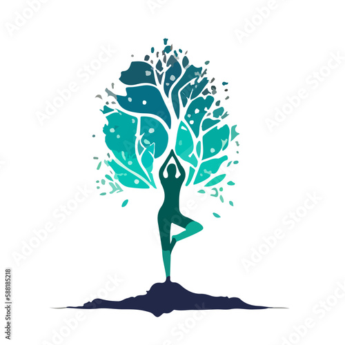 Yoga girl silhouette against blue tree of life on white background