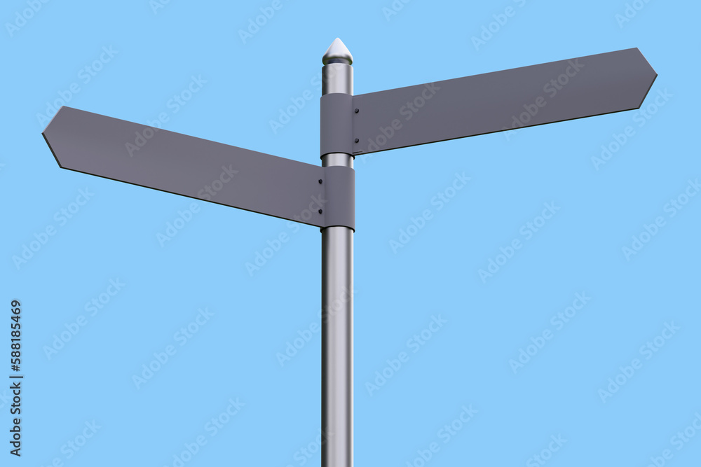 Empty road pointer. Street sign for intersection. Road sign isolated on blue. Place for name of street or area. Metal road sign for intersection. Street pointer template. Realistic style. 3d image Empty road pointer. Street sign for intersection. Road sign isolated on blue. Place for name of street or area. Metal road sign for intersection. Street pointer template. Realistic style. 3d image