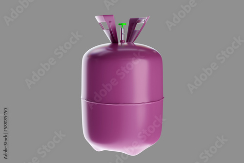 Gas storage tank. Freon bottle. Ozone gas in pink balloon. Freon tank isolated on grey. Gas for filling air conditioners and refrigerators. Coolant bottle. Realistic style. 3d image