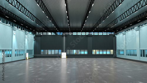 Empty warehouse. Industrial hangar. Storage building. Empty logistics center. Factory warehouse without furniture. Concept of renting place for warehouse. Industrial building inside. 3d image
