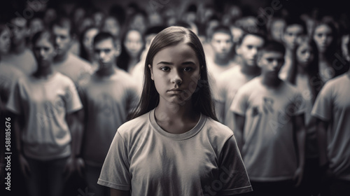 Powerful image of a student standing up to a group of bullies, with a message of empowerment and support for victims of bullying. Generative AI