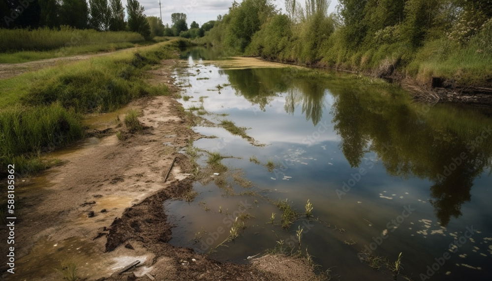 Tranquil pond reflects idyllic autumn landscape beauty generated by AI