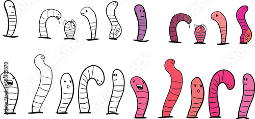 Set of cartoon worms with different emotions and coloring.