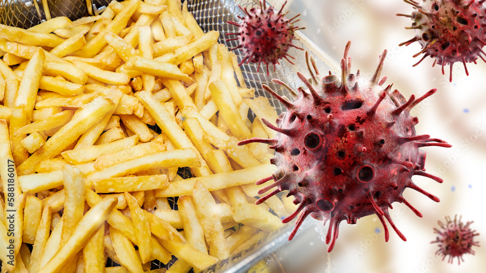 Fried potatoes. Virus bacteria near food. Spread of infection through