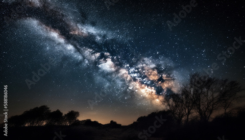 Galaxy star field illuminates dark mountain landscape generated by AI © Jeronimo Ramos