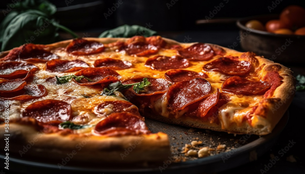Gourmet pizza baked fresh for a rustic meal generated by AI