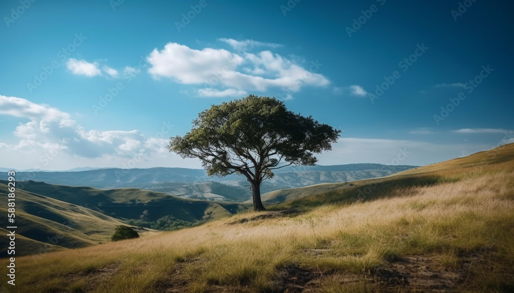 Tranquil sunset over mountain meadow and tree generated by AI Tranquil sunset over mountain meadow and tree generated by AI