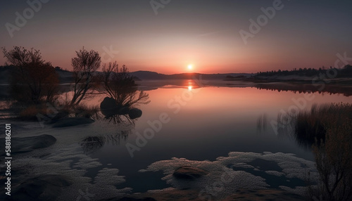 Beautiful sunset reflects over tranquil waters  nature beauty generated by AI