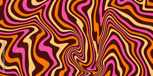 Retro trippy background. Groovy vintage psychedelic wallpaper. Colorful wavy pattern, cover, poster in 60s or 70s, 80s style. Liquid hippie texture. Vector illustration 