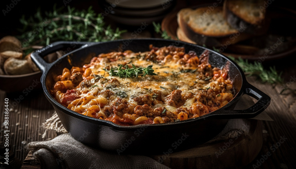 Rustic meal, cooked meat on cast iron generated by AI Rustic meal, cooked meat on cast iron generated by AI