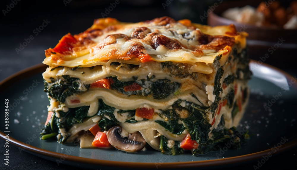 Baked lasagna plate with fresh mozzarella slice generated by AI Baked lasagna plate with fresh mozzarella slice generated by AI