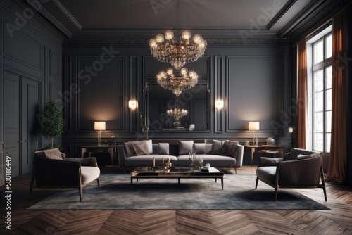 cozy living room with elegant furniture and a sparkling chandelier. Generative AI