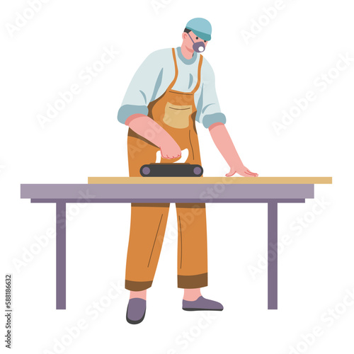 Carpenter working with wooden plank materials