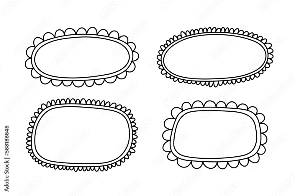 Doodle oval and square scalloped frames. Hand drawn scalloped edge rectangle and ellipse shapes. Simple label form. Flower silhouette lace frame. Vector illustration isolated on white background. Doodle oval and square scalloped frames. Hand drawn scalloped edge rectangle and ellipse shapes. Simple label form. Flower silhouette lace frame. Vector illustration isolated on white background.
