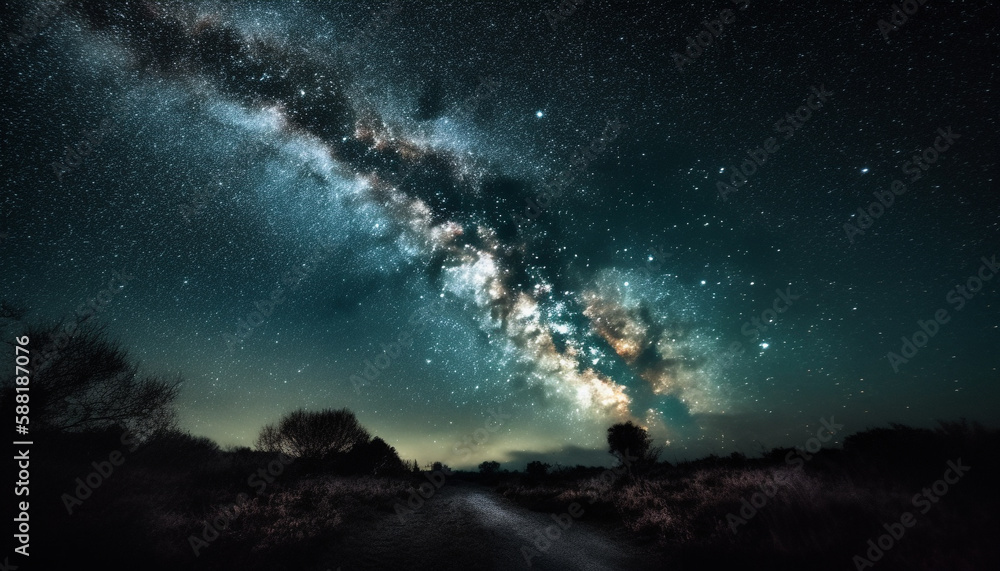 Fototapeta premium Glowing star trail, majestic mountain peak adventure generated by AI