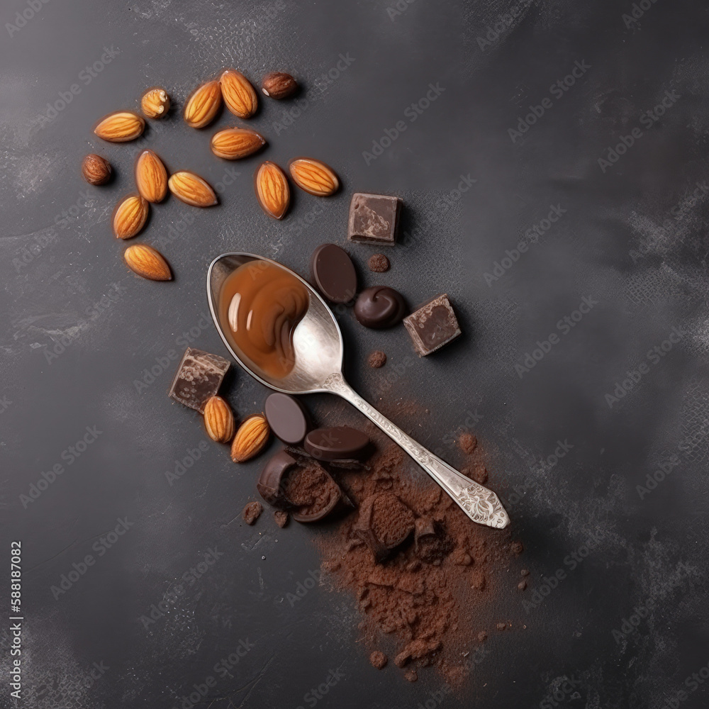 Flat lay of a spoon containing delicious paste, chunks of chocolate, and nuts on a gray surface.