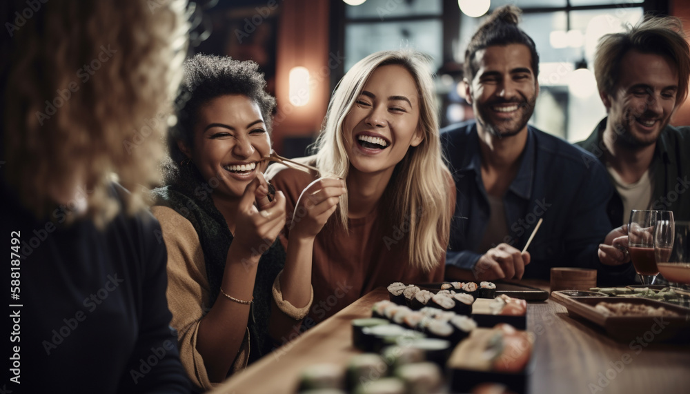 Smiling group of young adults enjoying meal together generated by AI Smiling group of young adults enjoying meal together generated by AI