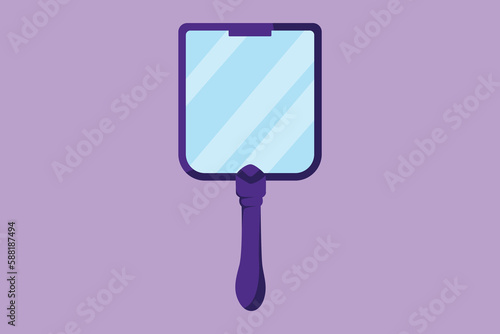 Cartoon flat style drawing simple mirror with handle for make up. Hand mirror template, logotype, symbol. Blank handheld makeup mirrors. Female beauty accessories. Graphic design vector illustration