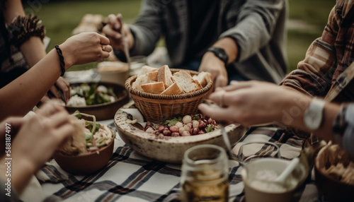 Young adults bonding over organic lunch feast generated by AI