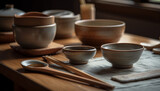 Earthenware pottery bowl with wooden spoon decoration generated by AI