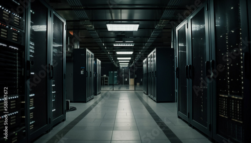 Global communication equipment in futuristic server room generated by AI