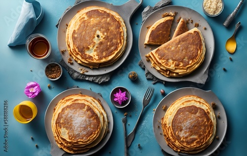 Group pancakes on a blue table with floral decoration (Created with Generative AI Technology)