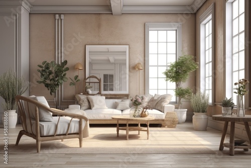 cozy living room with plants and furniture. Generative AI