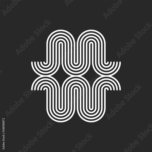 Initials letters MW or WM logo monogram rounded waves shape, combination two letters M and W calligraphic mark, smooth parallel thin lines curves pattern.