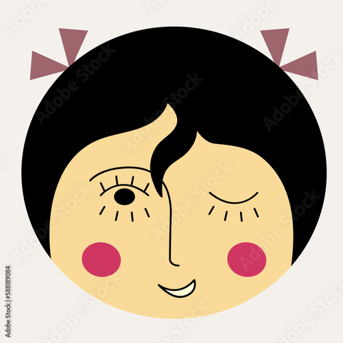 Feminine look, abstract personage, mascot design, funny face, cute icon.