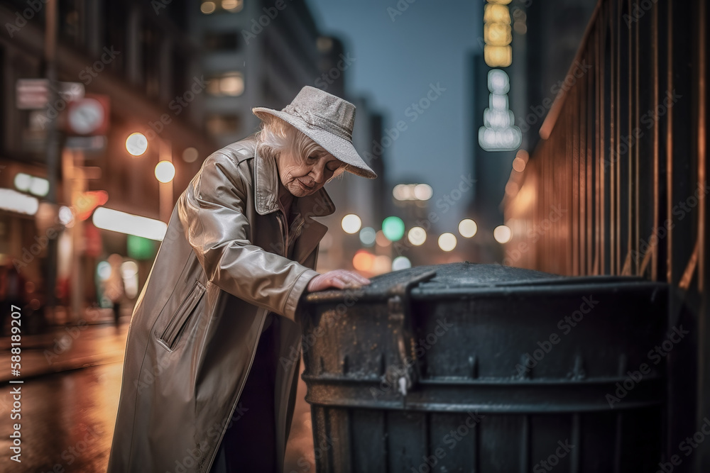 Rentnerin auf Pfandflaschensuche in der Großstadt - obrazy, fototapety, plakaty 